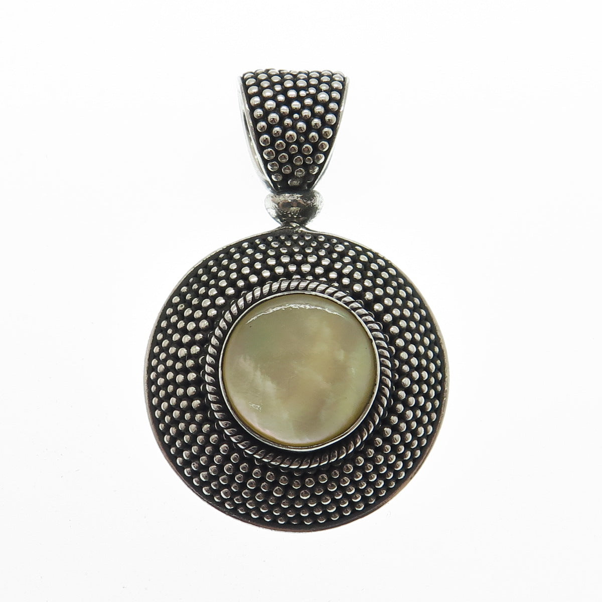 SUARTI BALI 925 Sterling Silver Vintage Real Mother-of-Pearl Granulated Pendant