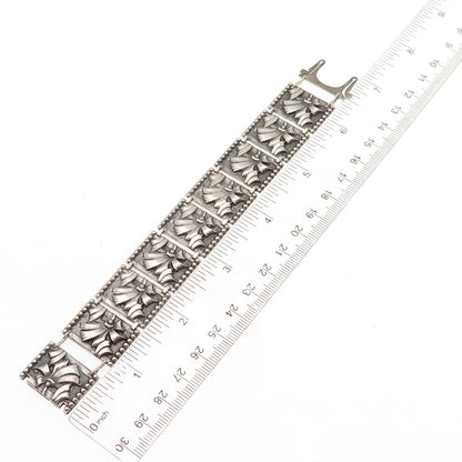 925 Sterling Silver Antique Art Deco Floral Oxidized Panel Link Bracelet 6.25"