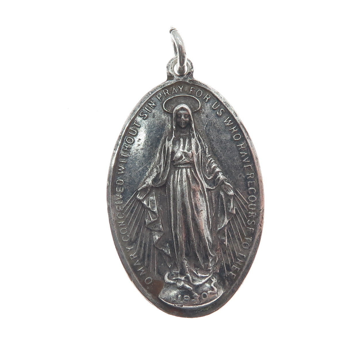925 Sterling Silver Antique Art Deco St. Mary Religious Medal Oxidized Pendant