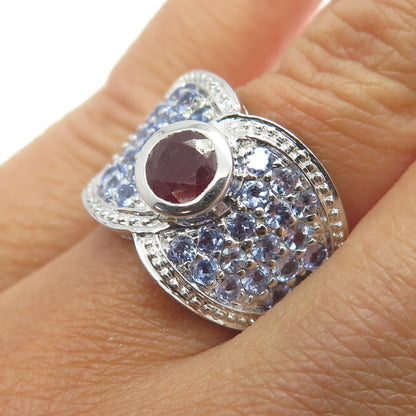 925 Sterling Silver Real Ruby & Tanzanite Gemstone Ring Size 6.75