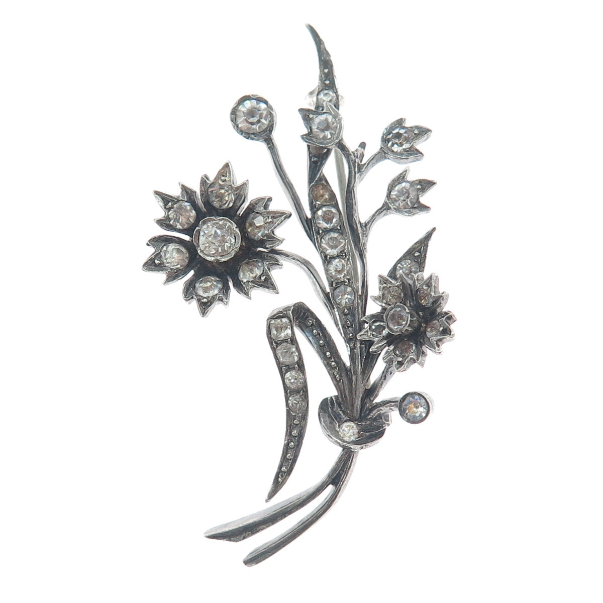 ALFRED FEAU 800 Silver Antique France Rhinestone Flower Oxidized Pin Brooch