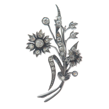 ALFRED FEAU 800 Silver Antique France Rhinestone Flower Oxidized Pin Brooch