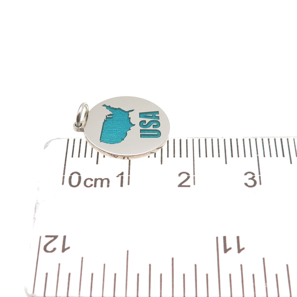 925 Sterling Silver Turquoise Enamel USA Map Round Tag Mini Charm Pendant