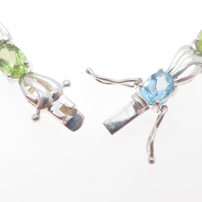 925 Sterling Silver Vintage Real Oval-Cut Blue Topaz & Peridot Bracelet 7.25"