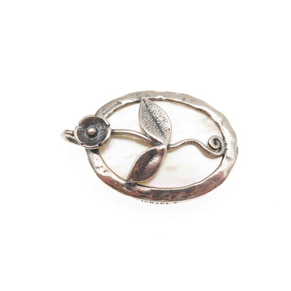 925 Sterling Silver Vintage Israel Real MOP Floral Oxidized Charm Pendant