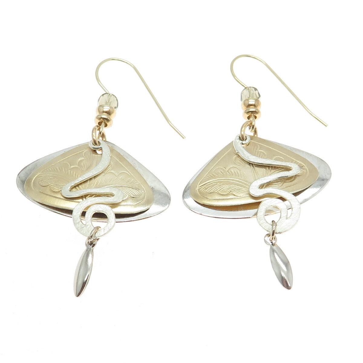 925 Sterling Silver & 14K Gold Filled Vintage Modernist Floral Dangling Earrings