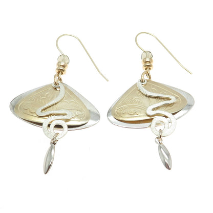 925 Sterling Silver & 14K Gold Filled Vintage Modernist Floral Dangling Earrings
