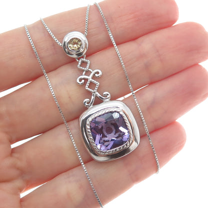 925 Sterling Silver Real Amethyst & Citrine Box Chain Necklace 18"
