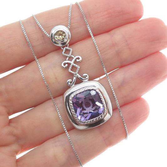 925 Sterling Silver Real Amethyst & Citrine Box Chain Necklace 18"