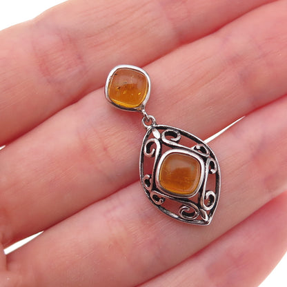 925 Sterling Silver Vintage Real Amber Oxidized Slide Charm Pendant