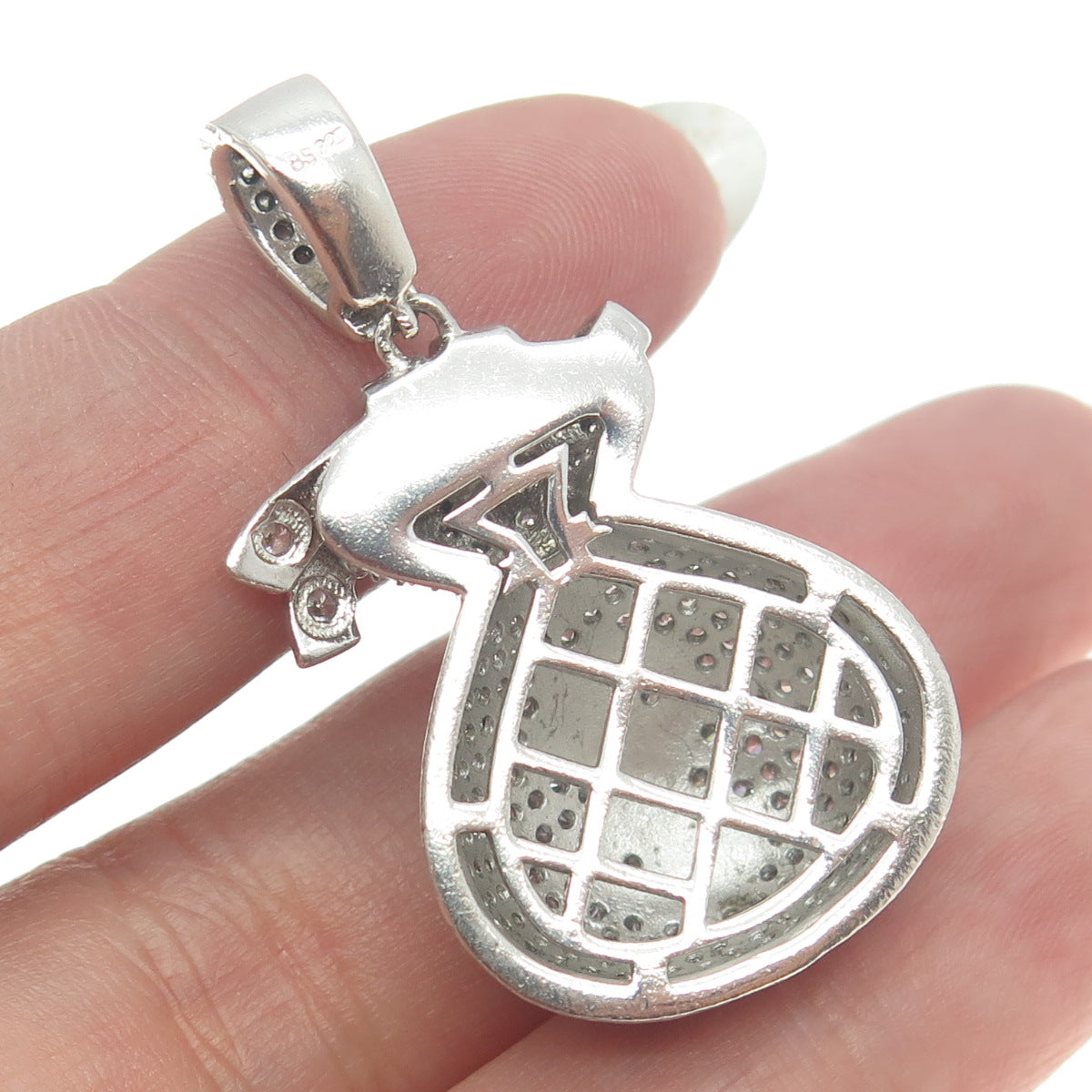 925 Sterling Silver Round-Cut Shaped C Z Dollar Sign Money Bag Pendant