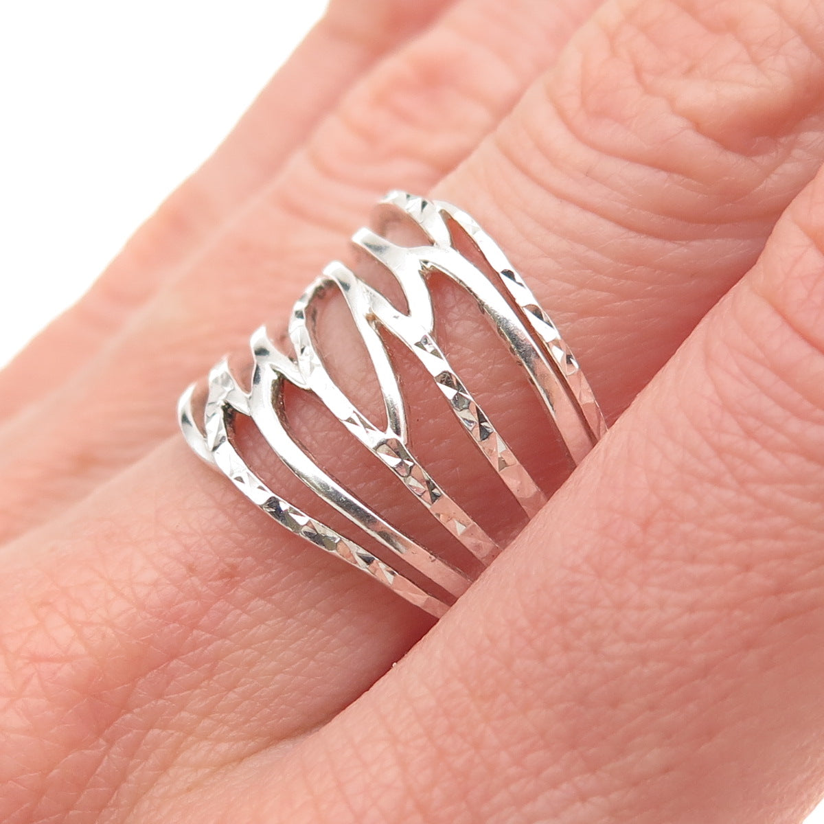 925 Sterling Silver Vintage Diamond-Cut Multi-Row Ring Size 8