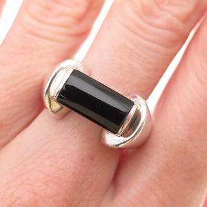 925 Sterling Silver Vintage Real Black Onyx Modernist Oxidized Ring Size 9