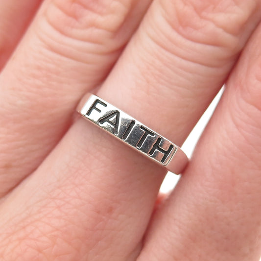 925 Sterling Silver Vintage Faith Bar Ring Size 7