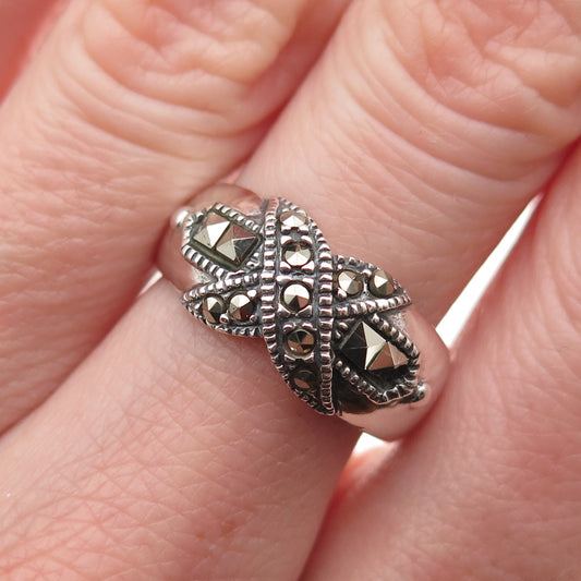 925 Sterling Silver Vintage Real Marcasite Oxidized Ring Size 7.25