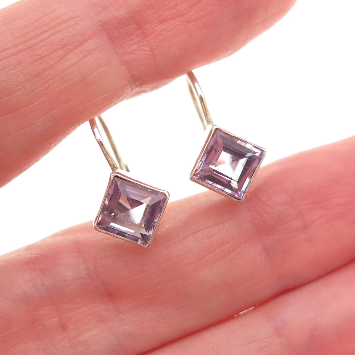 925 Sterling Silver Vintage Real Princess-Cut Amethyst Earrings