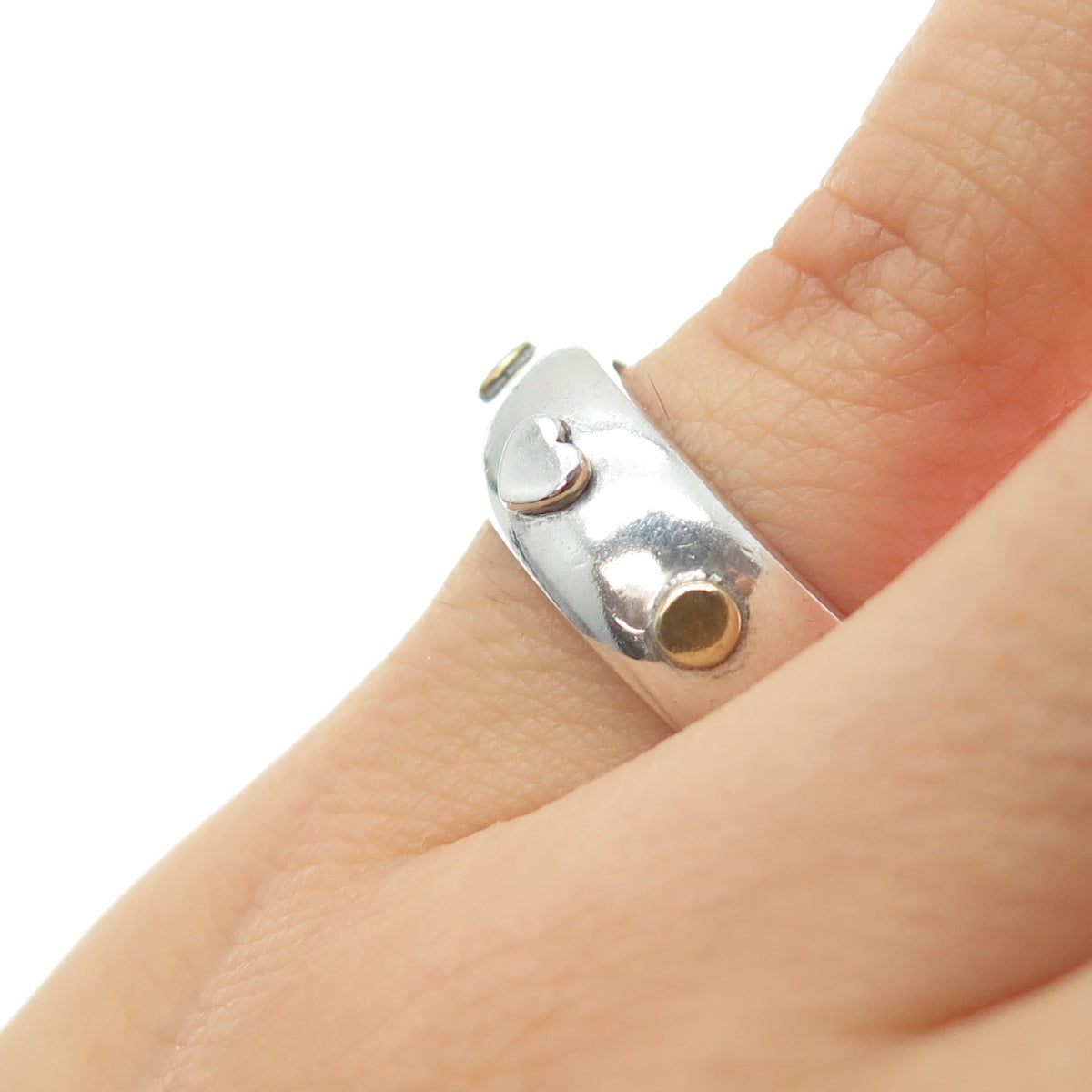 925 Sterling Silver 2-Tone Vintage Heart Dotted Band Ring Size 6