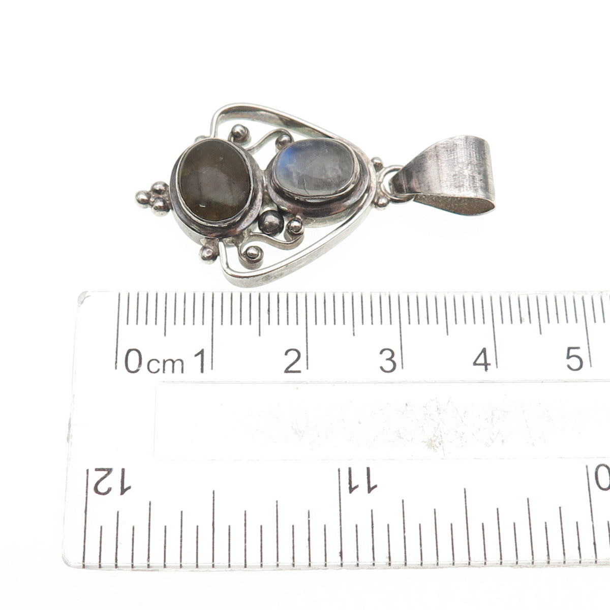 925 Sterling Silver Vintage Real Moonstone & Labradorite Beaded Charm Pendant