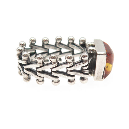 925 Sterling Silver Vintage Real Amber Modernist Oxidized Ring Size 6.5