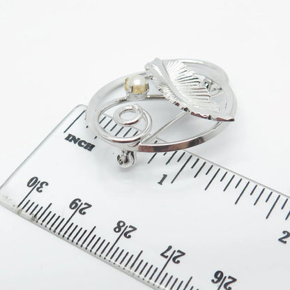 925 Sterling Silver Vintage DIXELL Real Pearl Leaf Pin Brooch