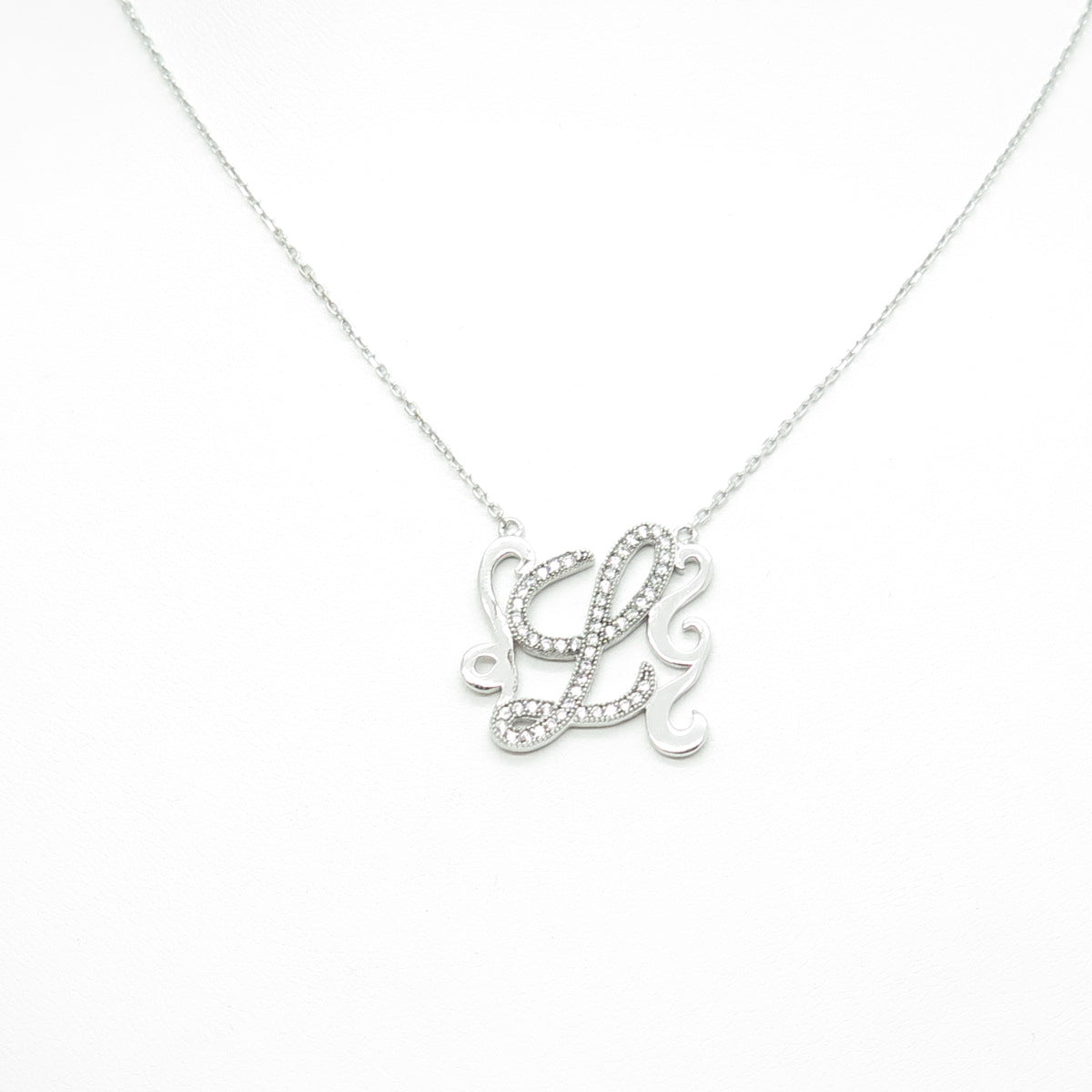 925 Sterling Silver Round-Cut C Z Letter "L" Ornate Cable Chain Necklace 16-18"