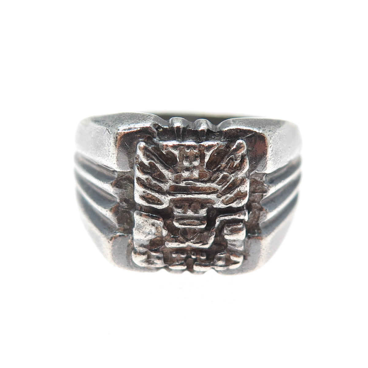 925 Sterling Silver Vintage Mayan Tribal Oxidized Ring Size 8.25