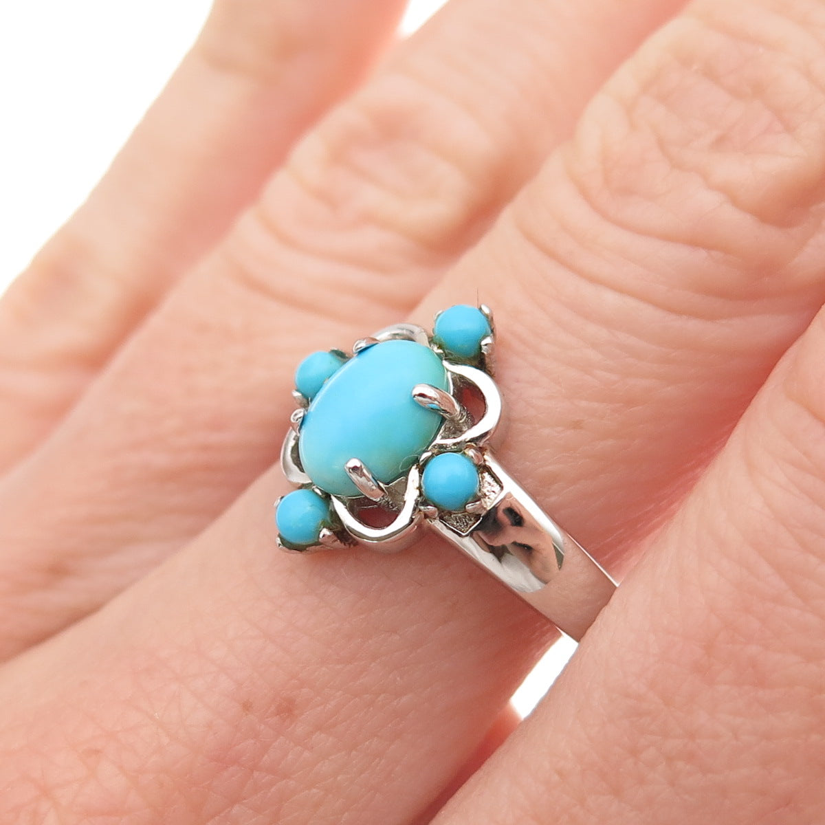 925 Sterling Silver Real Sleeping Beauty Turquoise Floral Ring Size 8