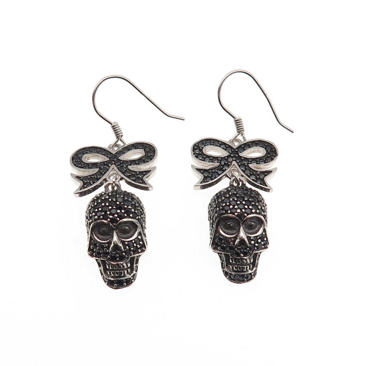 925 Sterling Silver Real Round-Cut Black Spinel Skull & Bow Dangle Earrings