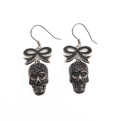 925 Sterling Silver Real Round-Cut Black Spinel Skull & Bow Dangle Earrings