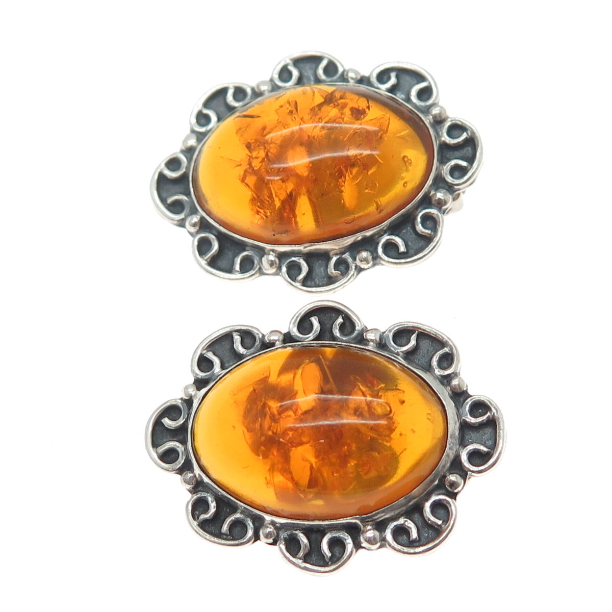 925 Sterling Silver Vintage Mexico Real Amber Flower Oxidized Clip On Earrings