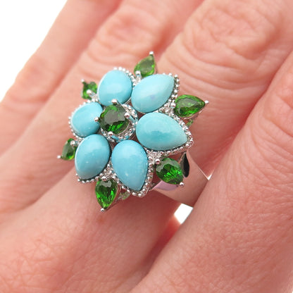 925 Sterling Silver Real Tyrone Turquoise & Peridot Floral Ring Size 8.25