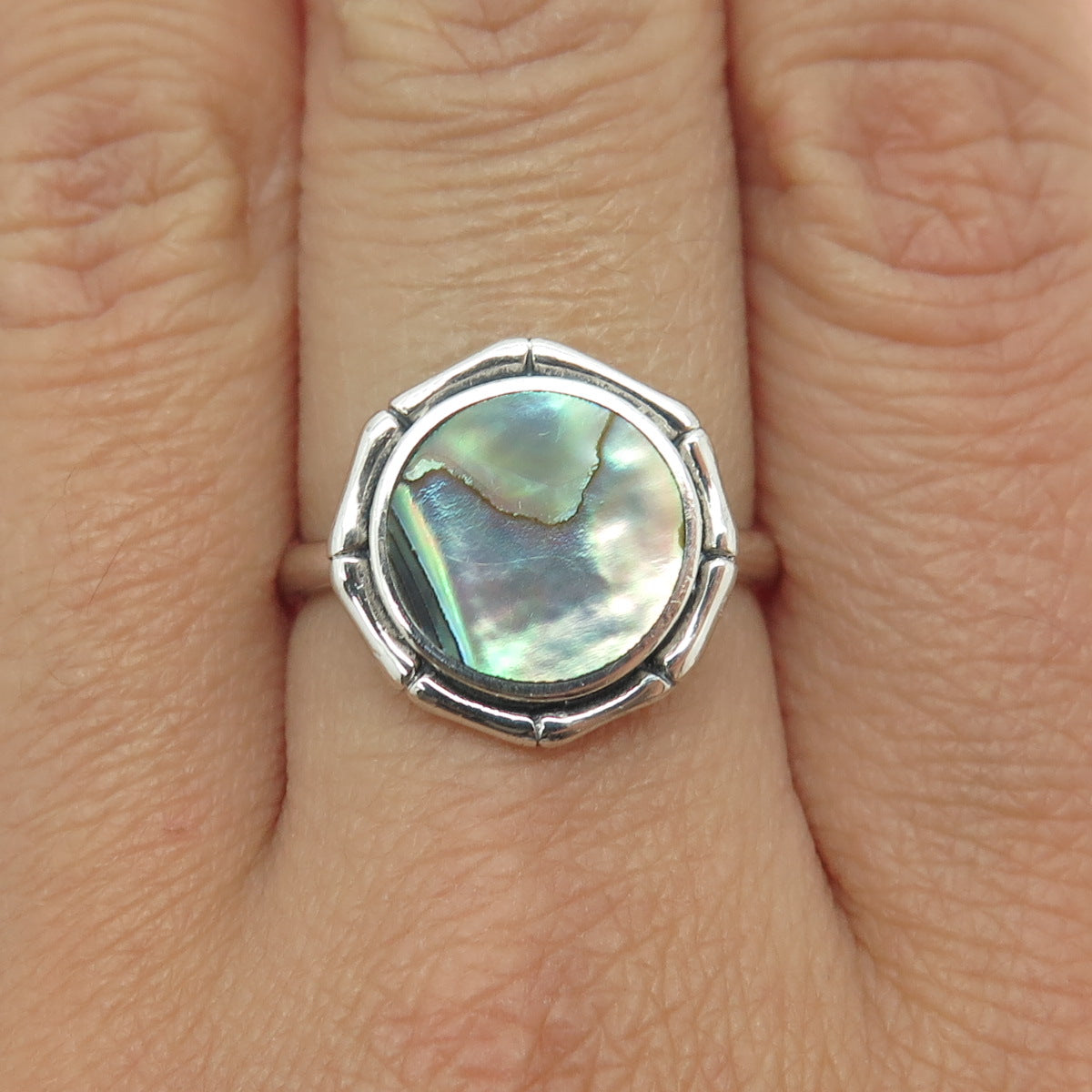 925 Sterling Silver Vintage Real Abalone Shell Modernist Bamboo Ring Size 8