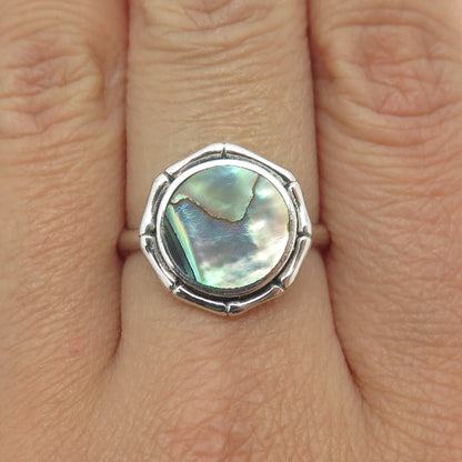 925 Sterling Silver Vintage Real Abalone Shell Modernist Bamboo Ring Size 8