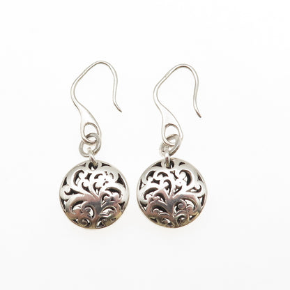 925 Sterling Silver Vintage Floral Scroll Disc Dangle Earrings