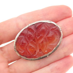 925 Sterling Silver Antique Art Deco Real Red Jade Carved Floral Oxidized Brooch
