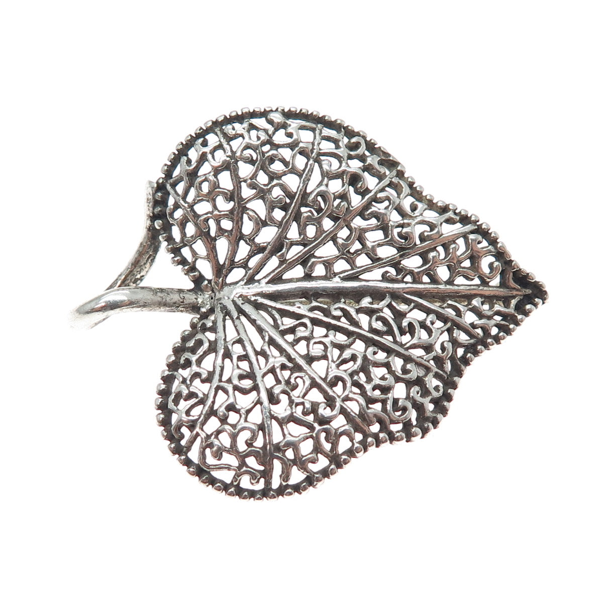 925 Sterling Silver Vintage Ornate Floral Leaf Oxidized Pin Brooch