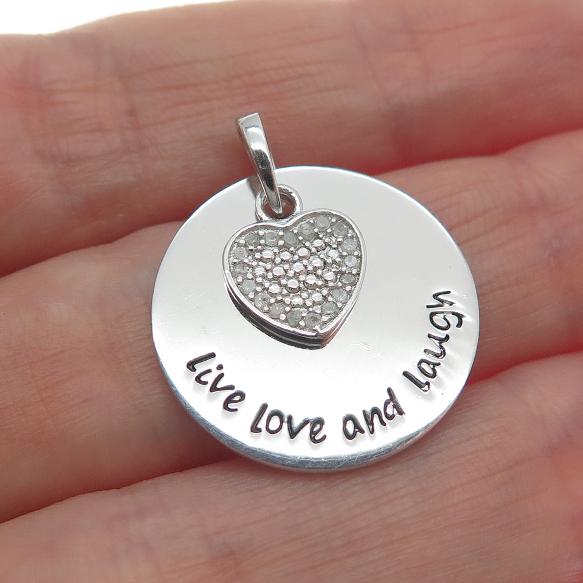 HAN 925 Sterling Silver Real Diamond Live Love And Laugh Heart Tag Pendant