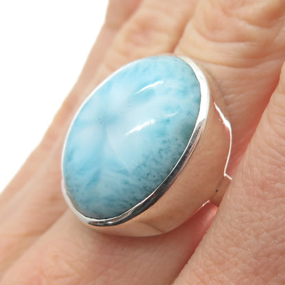 925 Sterling Silver Vintage Real Cabochon Larimar Modernist Ring Size 8