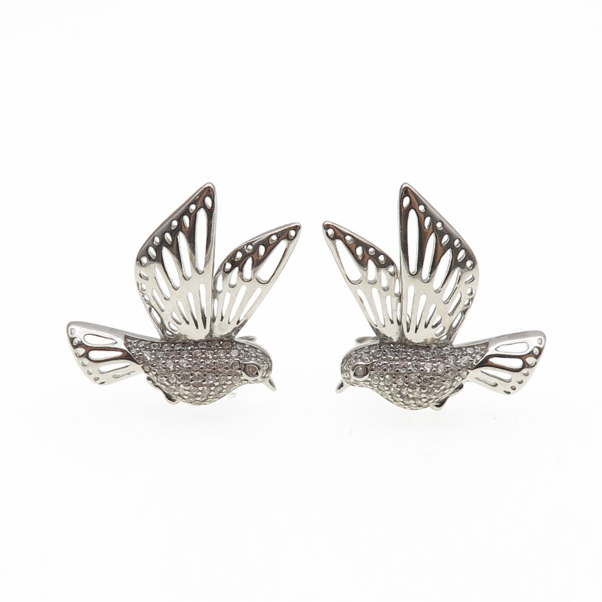 925 Sterling Silver Round-Cut C Z Hummingbird Earrings