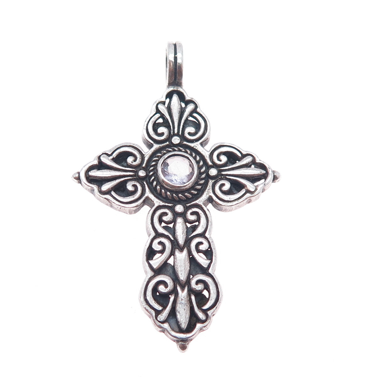 925 Sterling Silver Vintage Real Amethyst Floral Cross Oxidized Pendant