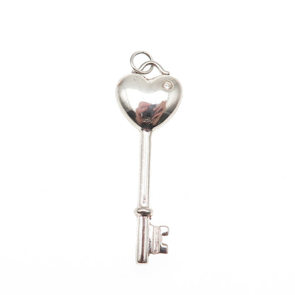 925 Sterling Silver Round-Cut C Z Heart Key Charm Pendant