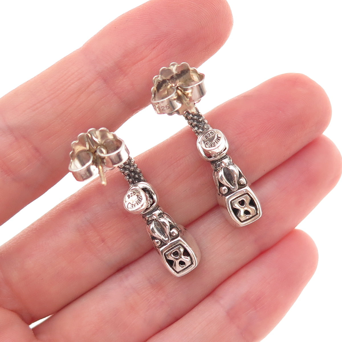Lagos 925 Sterling Silver 14K Gold Posts Real Diamond Caviar Hoop Charm Earrings
