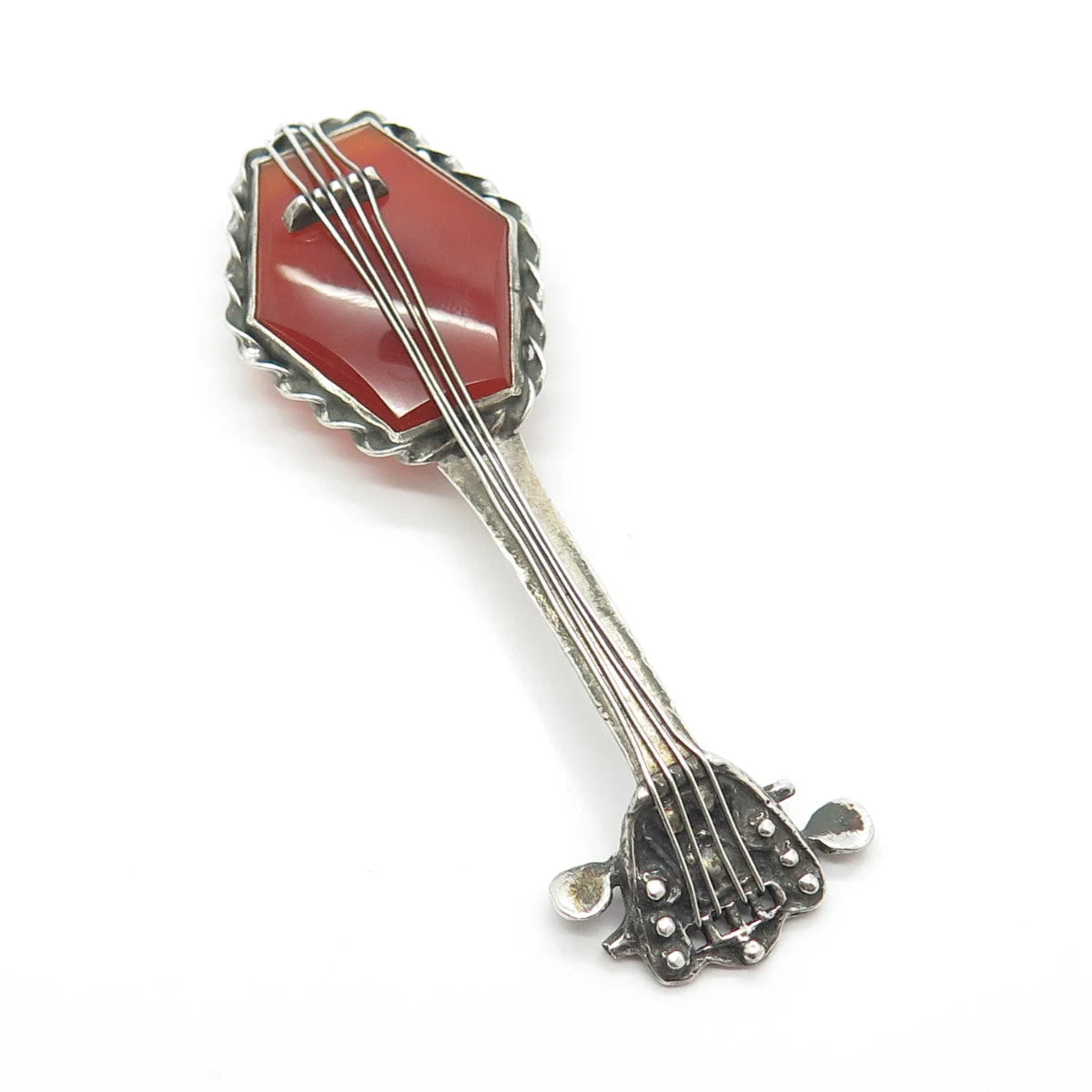 925 Sterling Silver Vintage Real Carnelian Banjo Musical Instrument Pin Brooch