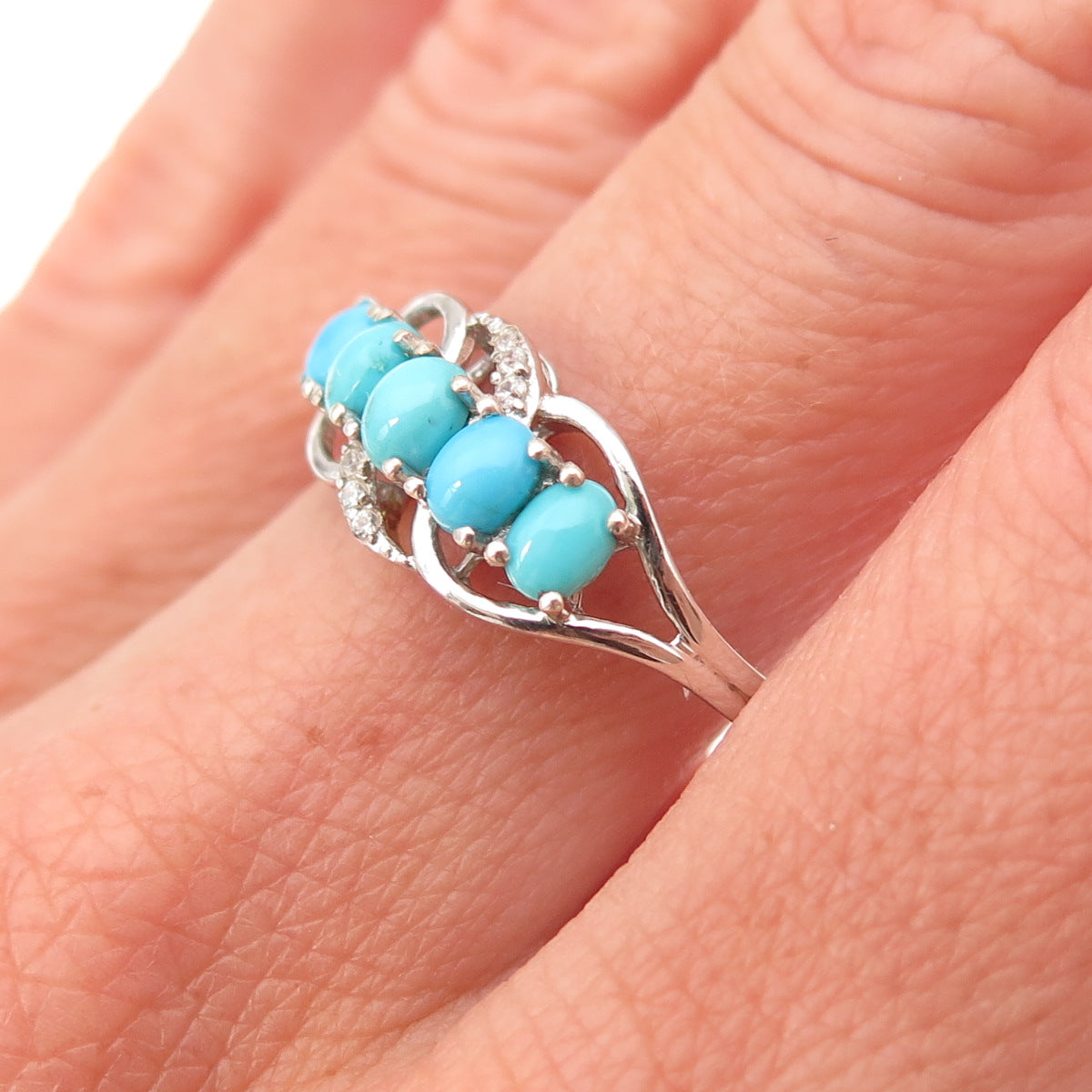 Chuck Clemency 925 Sterling Silver Real Turquoise & White Topaz Ring Size 8.25