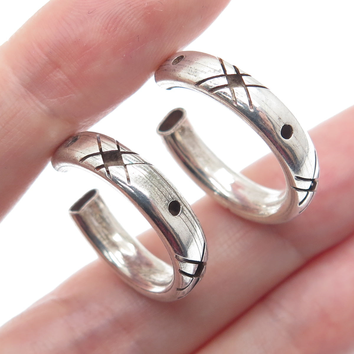925 Sterling Silver Vintage Modernist Oxidized Hoop Earrings