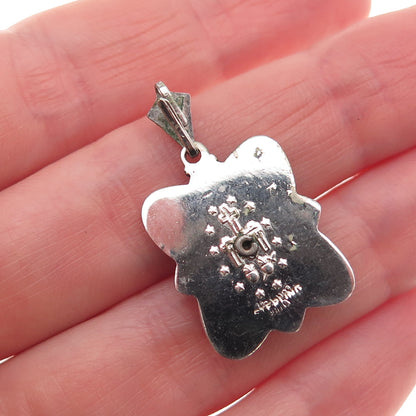 925 Sterling Silver Antique Art Deco Real MOP & Marcasite St. Mary Charm Pendant