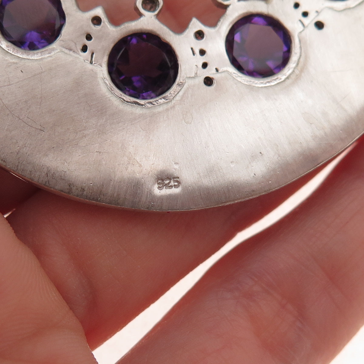 925 Sterling Silver Real Diamond & Amethyst Crescent Centerpiece Slide Pendant