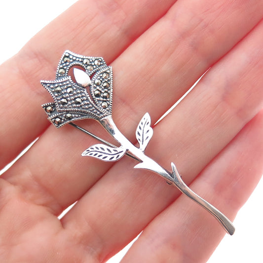 925 Sterling Silver Vintage Real Marcasite Rose Flower Oxidized Pin Brooch