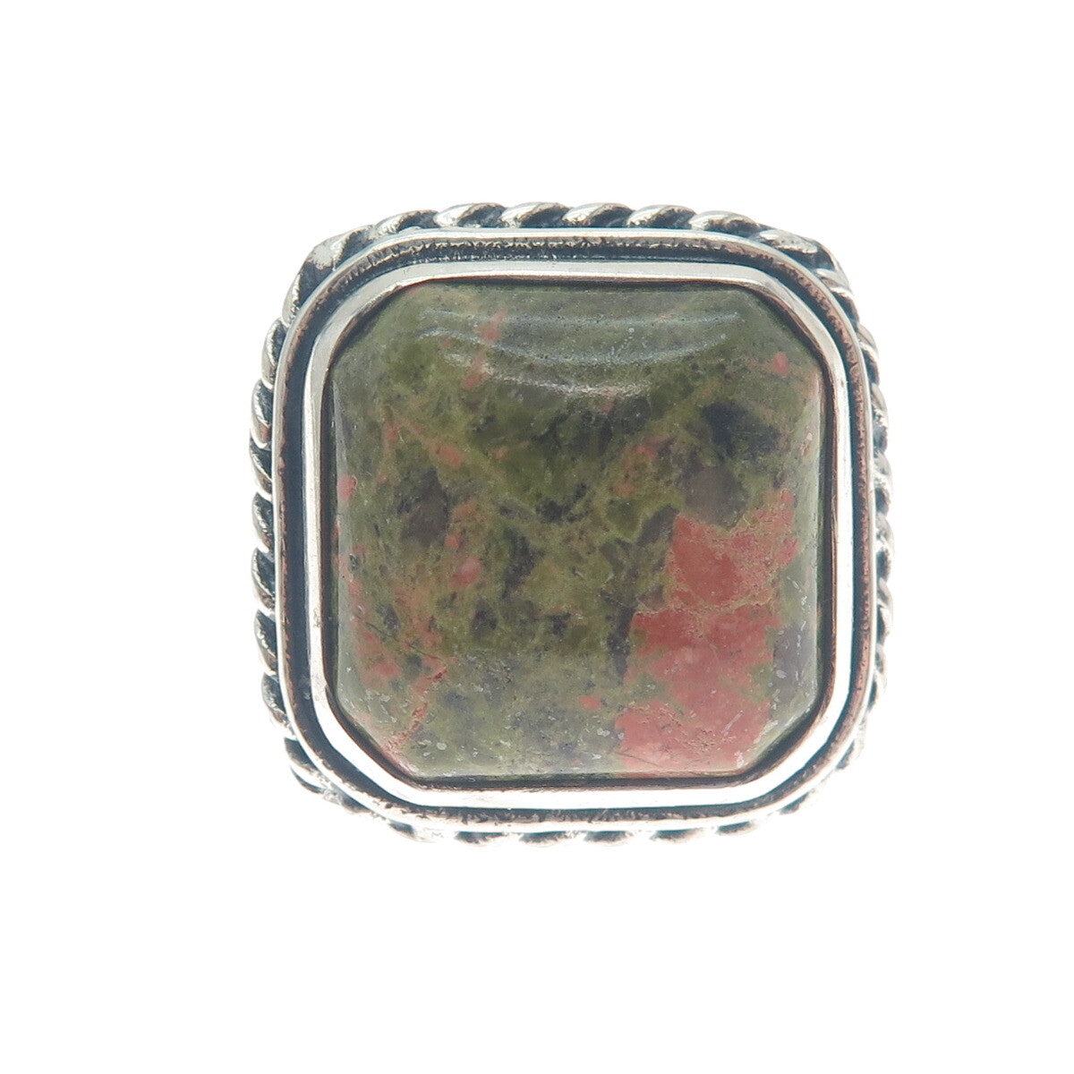 925 Sterling Silver Vintage Real Unakite Twisted Bezel Oxidized Ring Size 8