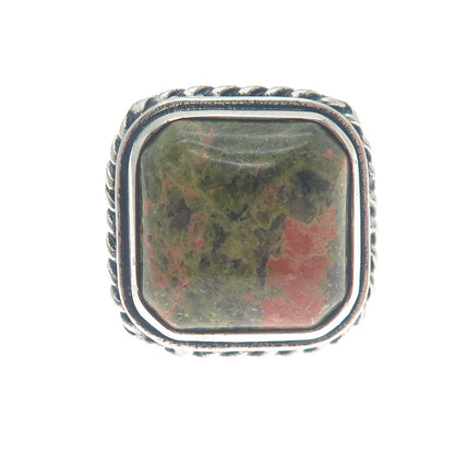 925 Sterling Silver Vintage Real Unakite Twisted Bezel Oxidized Ring Size 8